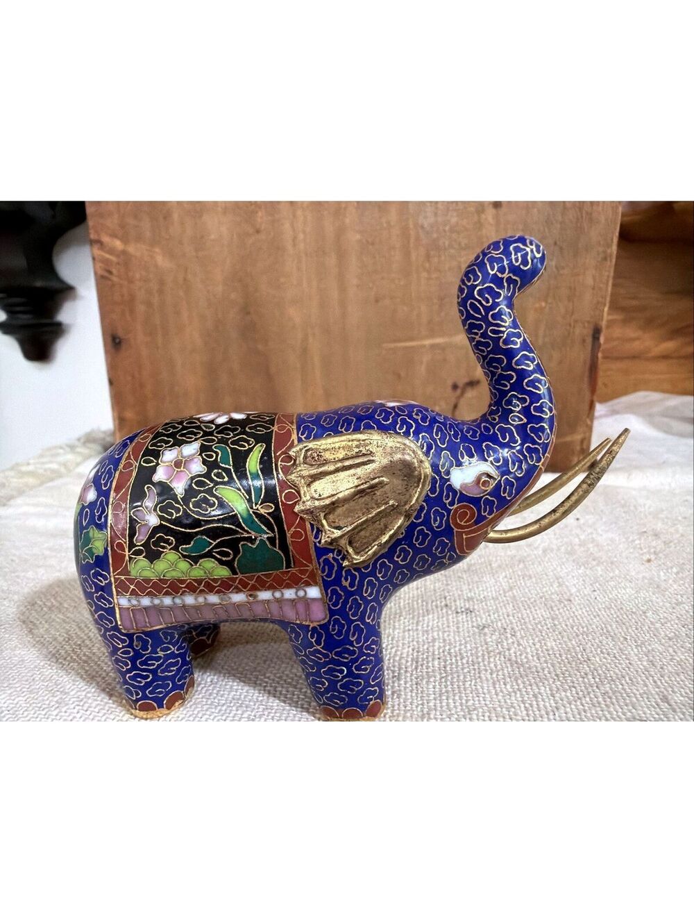 Vintage Chinese Cloisonne Cobalt Blue Elephant Figurine Trunk Up Lucky Statue 4”